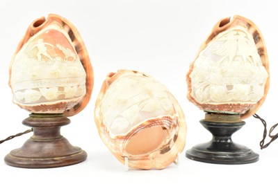 Lot 109 - THREE VICTORIAN 19TH CENTURY CAMEO CONCH SHELLS DESK LAMPS