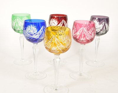 Lot 59 - SIX 20TH CENTURY VINTAGE COLOURED CRYSTAL CUT HOCK GLASSES