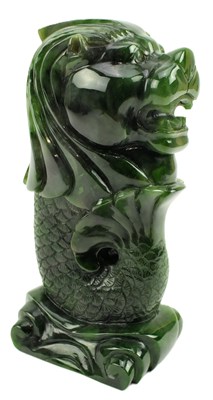 Lot 259 - CHINESE NEPHRITE JADE FIGURE OF MERLION 和田碧玉鱼尾狮