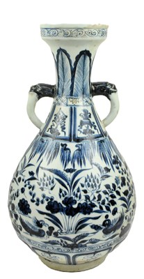 Lot 230 - LARGE BLUE AND WHITE TWIN HANDLED YUHUCHUN VASE 青花鸳鸯荷花纹双耳壶