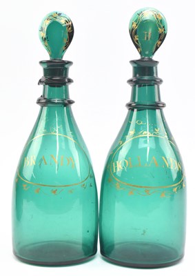 Lot 96 - PAIR OF 19TH CENTURY BRISTOL GREEN GLASS & GILT DECANTERS