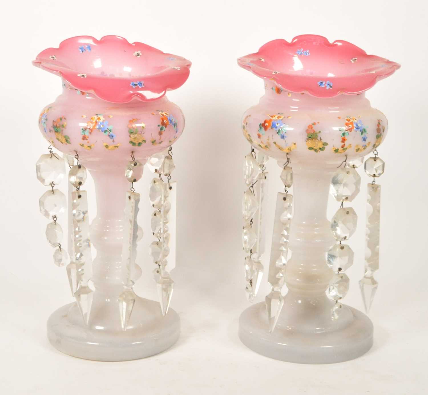 Lot 77 - PAIR OF 19TH CENTURY VICTORIAN PINK GLASS LUSTRES