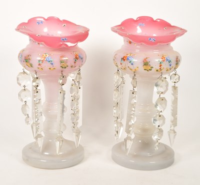 Lot 77 - PAIR OF 19TH CENTURY VICTORIAN PINK GLASS LUSTRES