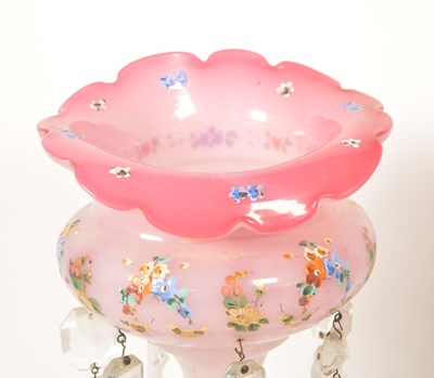 Lot 77 - PAIR OF 19TH CENTURY VICTORIAN PINK GLASS LUSTRES
