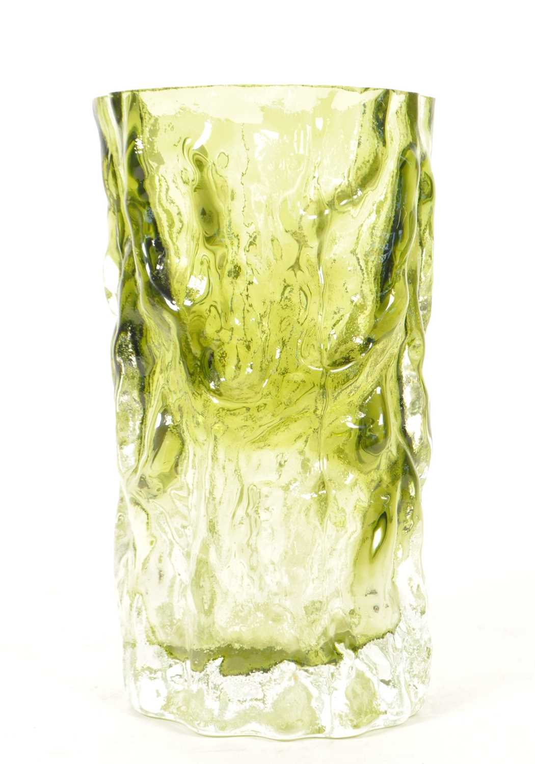 Lot 83 - MANNER OF WHITEFRIARS - MID CENTURY GREEN STUDIO GLASS BARK VASE