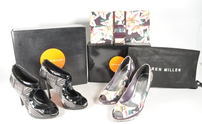 Lot 321 - KAREN MILLEN - TWO PAIRS OF CONTEMPORARY HIGH HEELS AND A BAG