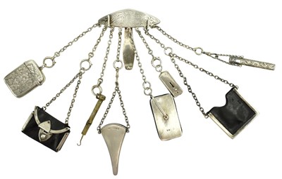 Lot 32 - VICTORIAN HALLMARKED SILVER EIGHT-CHAIN CHATELAINE