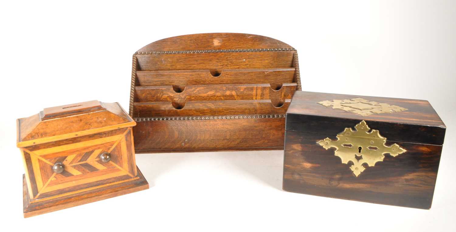 Lot 323 - 20TH CENTURY WOODEN TEA CADDY ALONGSIDE MONEY BOX AND LETTER RACK