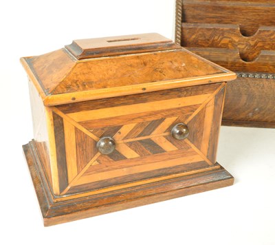 Lot 323 - 20TH CENTURY WOODEN TEA CADDY ALONGSIDE MONEY BOX AND LETTER RACK