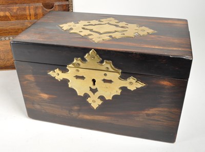 Lot 323 - 20TH CENTURY WOODEN TEA CADDY ALONGSIDE MONEY BOX AND LETTER RACK