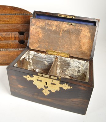 Lot 323 - 20TH CENTURY WOODEN TEA CADDY ALONGSIDE MONEY BOX AND LETTER RACK
