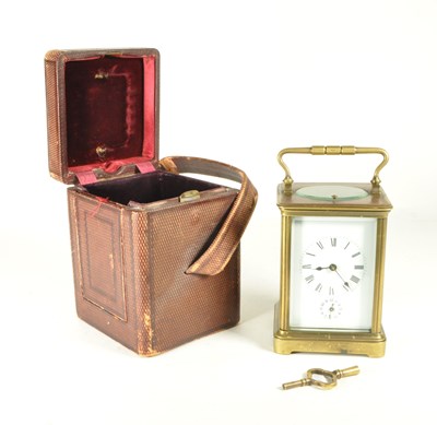 Lot 330 - EARLY 20TH CENTURY BRASS CARRIAGE CLOCK IN FITTED BOX WITH KEY