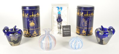 Lot 332 - LATE 20TH CENTURY BRISTOL BLUE GLASS PAPERWEIGHTS AND MURANO PIECES