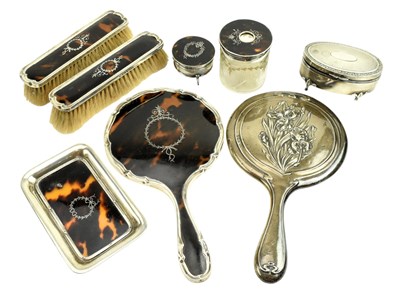 Lot 48 - SET OF GEORGE V HALLMARKED SILVER & TORTOISE SHELL DRESSING TABLE SET