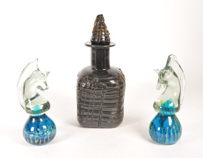 Lot 103 - LATE 20TH CENTURY MDINA GLASS PAPERWEIGHTS WITH GLASS REEDED DECANTER