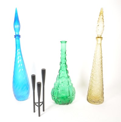 Lot 108 - THREE MID CENTURY COLOURED GLASS GENIE BOTTLES WITH METAL CANDLESTICK HOLDER