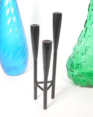 Lot 108 - THREE MID CENTURY COLOURED GLASS GENIE BOTTLES WITH METAL CANDLESTICK HOLDER