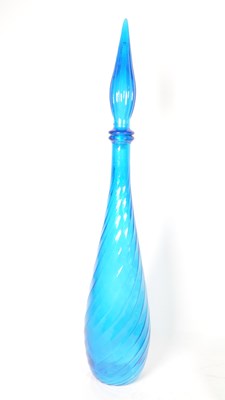 Lot 108 - THREE MID CENTURY COLOURED GLASS GENIE BOTTLES WITH METAL CANDLESTICK HOLDER