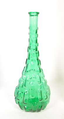 Lot 108 - THREE MID CENTURY COLOURED GLASS GENIE BOTTLES WITH METAL CANDLESTICK HOLDER