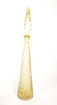 Lot 108 - THREE MID CENTURY COLOURED GLASS GENIE BOTTLES WITH METAL CANDLESTICK HOLDER
