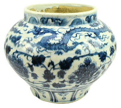 Lot 261 - LARGE BLUE AND WHITE 'DRAGON & PEONY' JAR 青花龙纹牡丹缸