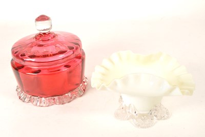Lot 111 - 19TH CENTURY VICTORIAN CRANBERRY GLASS LIDDED POT AND EPERGNE