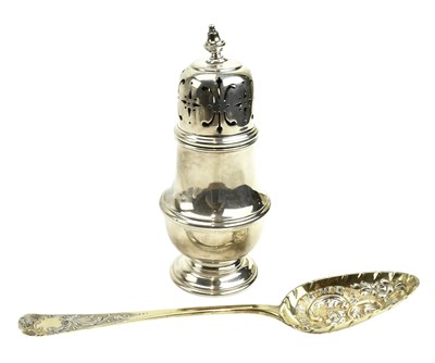 Lot 46 - GEORGE III HALLMARKED SILVER BERRY SPOON & A SILVER SUGAR SIFTER