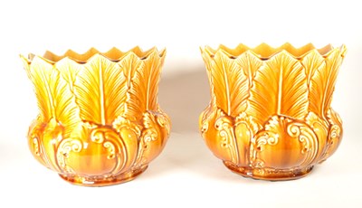Lot 67 - PAIR OF 19TH CENTURY MAJOLICA NEW LEAF PLANTERS