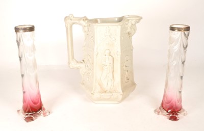 Lot 110 - TWO VICTORIAN CRANBERRY GLASS VASES WITH A CHARLES MEIGH JUG