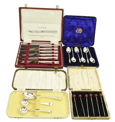 Lot 70 - FOUR CASED HALLMARKED SILVER FLATWARE SETS & A CASED SET OF SIX SILVER COCKTAIL STICKS