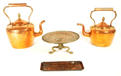 Lot 437 - 19TH CENTURY COPPER KETTLES WITH TAZZA DISH AND TRINKET TRAY