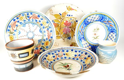 Lot 425 - FOUR 19TH CENTURY MAJOLICA PLATES / BOWLS WITH TWO POTTERY VASES