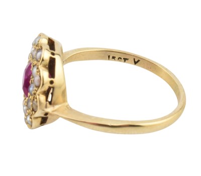 Lot 106 - A GOLD PEARL AND SYNTHETIC RUBY CLUSTER RING