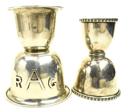 Lot 38 - TWO HALLMARKED SILVER DOUBLE SPIRIT MEASURES / JIGGERS