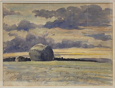 Lot 169 - PERCY MONKMAN (1892-1986) - 1936 HAYSTACKS WATERCOLOUR