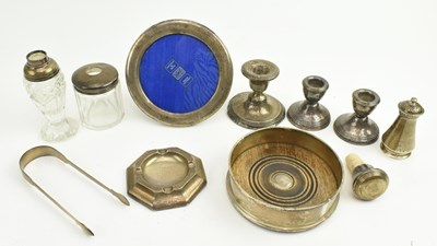 Lot 29 - COLLECTION OF TWELVE 20TH CENTURY HALLMARKED SILVER ITEMS INCLUDING CANDLESTICKS & WINE COASTER