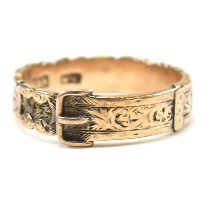 Lot 182 - 19TH CENTURY 9CT GOLD MOURNING BUCKLE RING