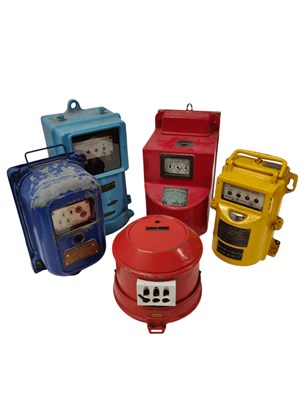 Lot 202 - COLLECTION OF X6 EARLY 20TH CENTURY COLOURED ELECTRICAL SUPPLY METERS
