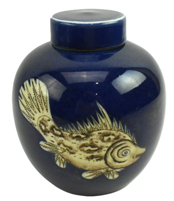Lot 5 - LATE QING DYNASTY POWDER 'FISH' BLUE GINGER JAR 晚清 洒蓝鲤鱼图罐