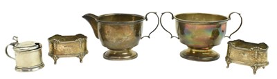 Lot 57 - HALLMARKED SILVER SUGAR & CREAMER SET AND A SILVER CONDIMENT SET