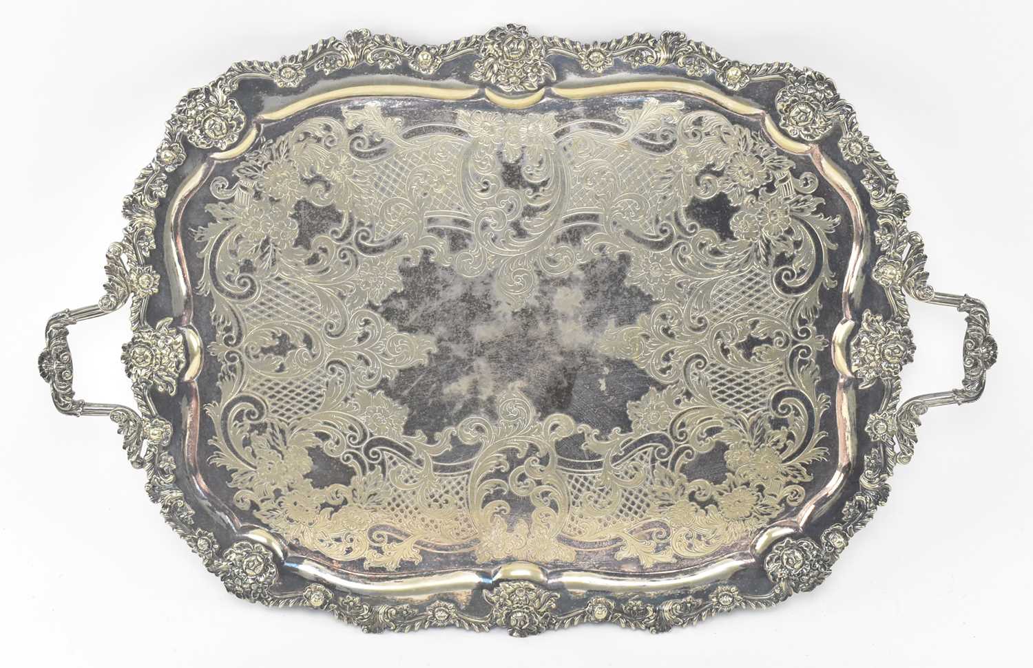 Lot 64 - LARGE LATE 19TH CENTURY VICTORIAN SILVER PLATE SERVING TRAY