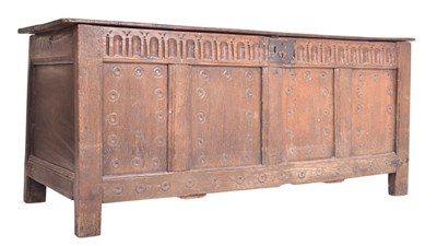 Lot 388 - 17TH CENTURY CARVED OAK HINGED TOP COFFER