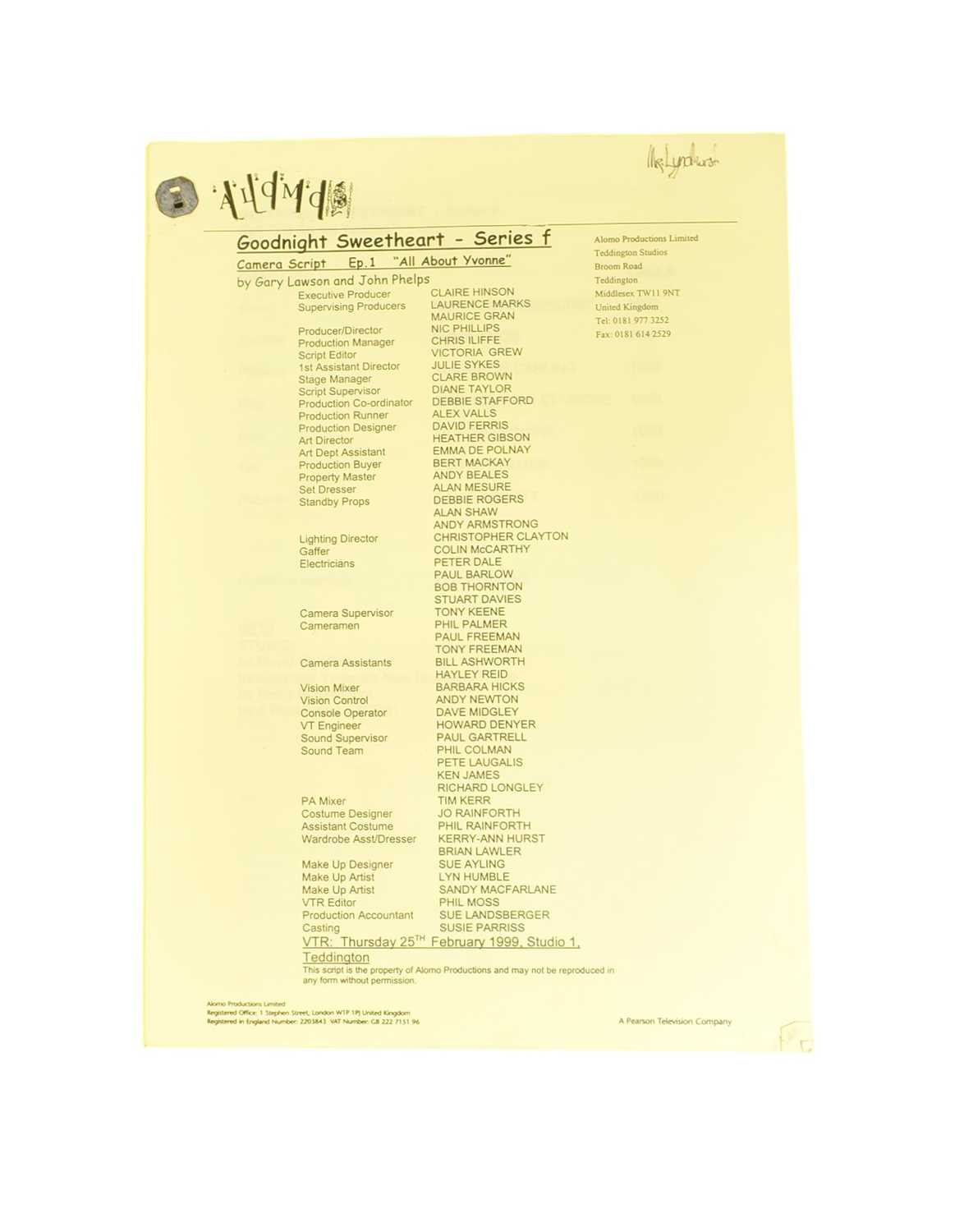 Lot 95 - GOODNIGHT SWEETHEART - NICHOLAS LYNDHURST SCRIPT
