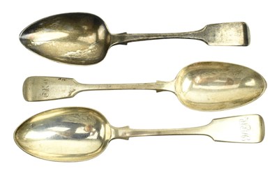 Lot 21 - A GEORGE III & TWO VICTORIAN HALLMARKED SILVER SERVING SPOONS