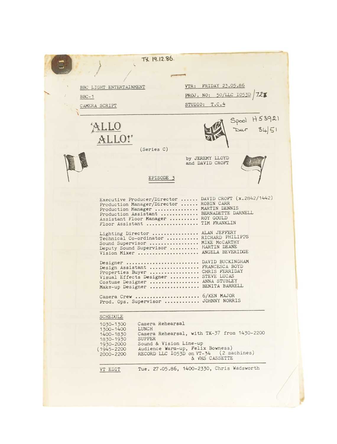 Lot 36 - 'ALLO 'ALLO! (BBC SITCOM) - ORIGINAL PRODUCTION SCRIPT
