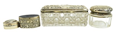 Lot 60 - FOUR EARLY 20TH CENTURY HALLMARKED SILVER & SILVER WITH GLASS TRINKET BOXES & TWO PILL BOXES