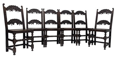 Lot 298 - SET OF SIX 17TH CENTURY REVIVAL DERBYSHIRE OAK PLANK DINING CHAIRS