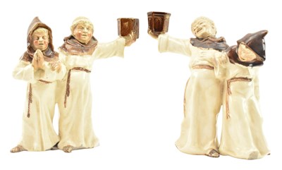 Lot 123 - TWO PAIRS OF 19TH / 20TH CENTURY AUSTRIAN MAJOLICA FIGURINES FRIARS