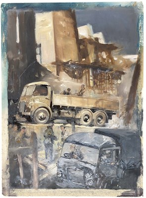 Lot 10 - LESLIE CARR (1891-1969) - TRUCKS UNLOADING - 20TH CENTURY OIL ON BOARD