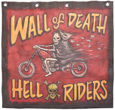 Lot 208 - WALL OF DEATH - HELL RIDERS - MID CENTURY 1950S FUNFAIR FLAG